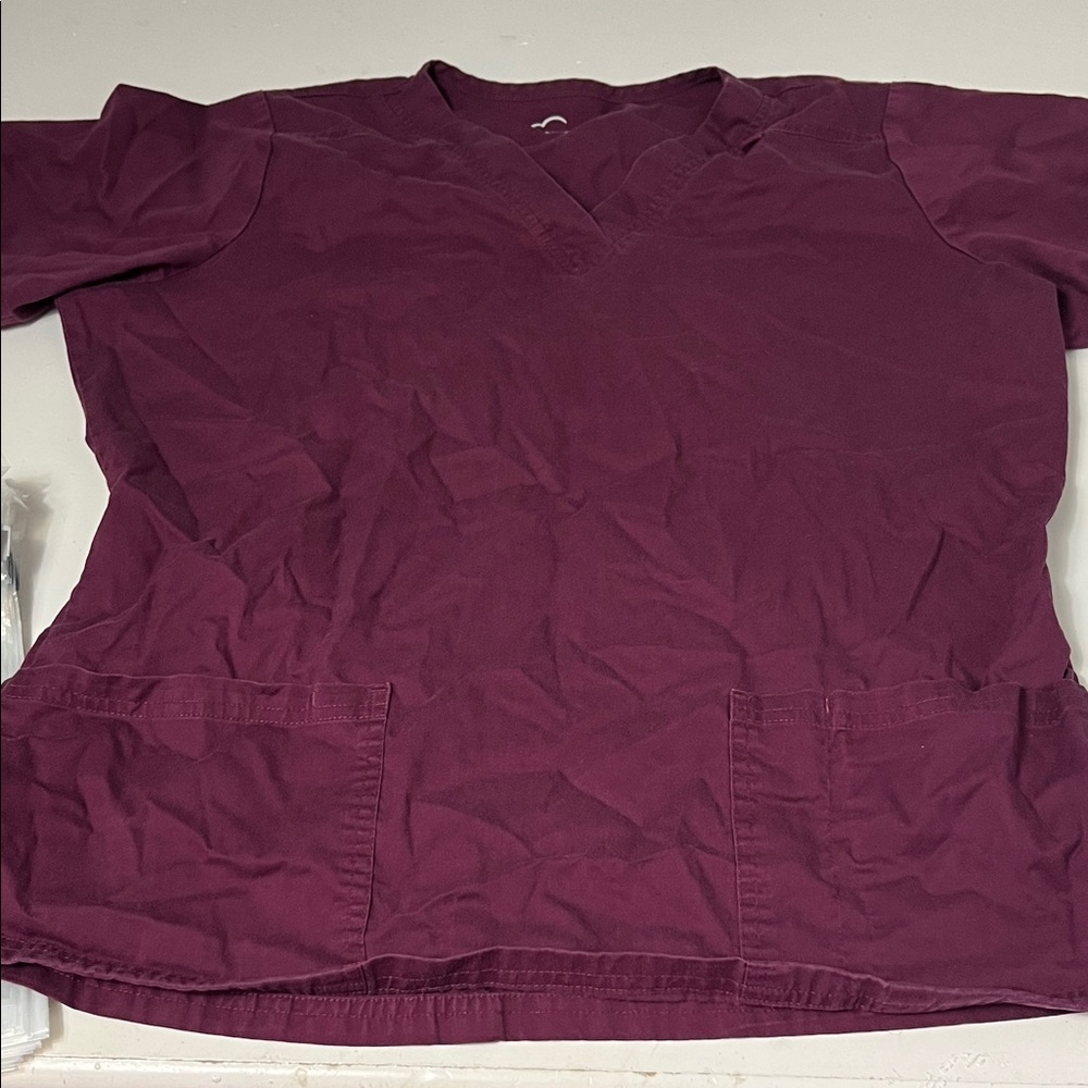 Butter Soft Medium Burgundy Short Sleeve Double Pocket V Neck Scrub Top